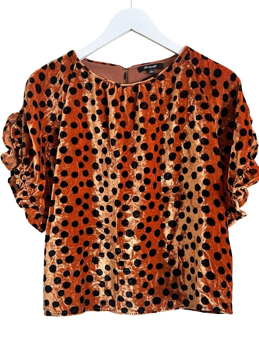 Madewell Rust Velvet Polka Dot Puff Sleeve Blouse
